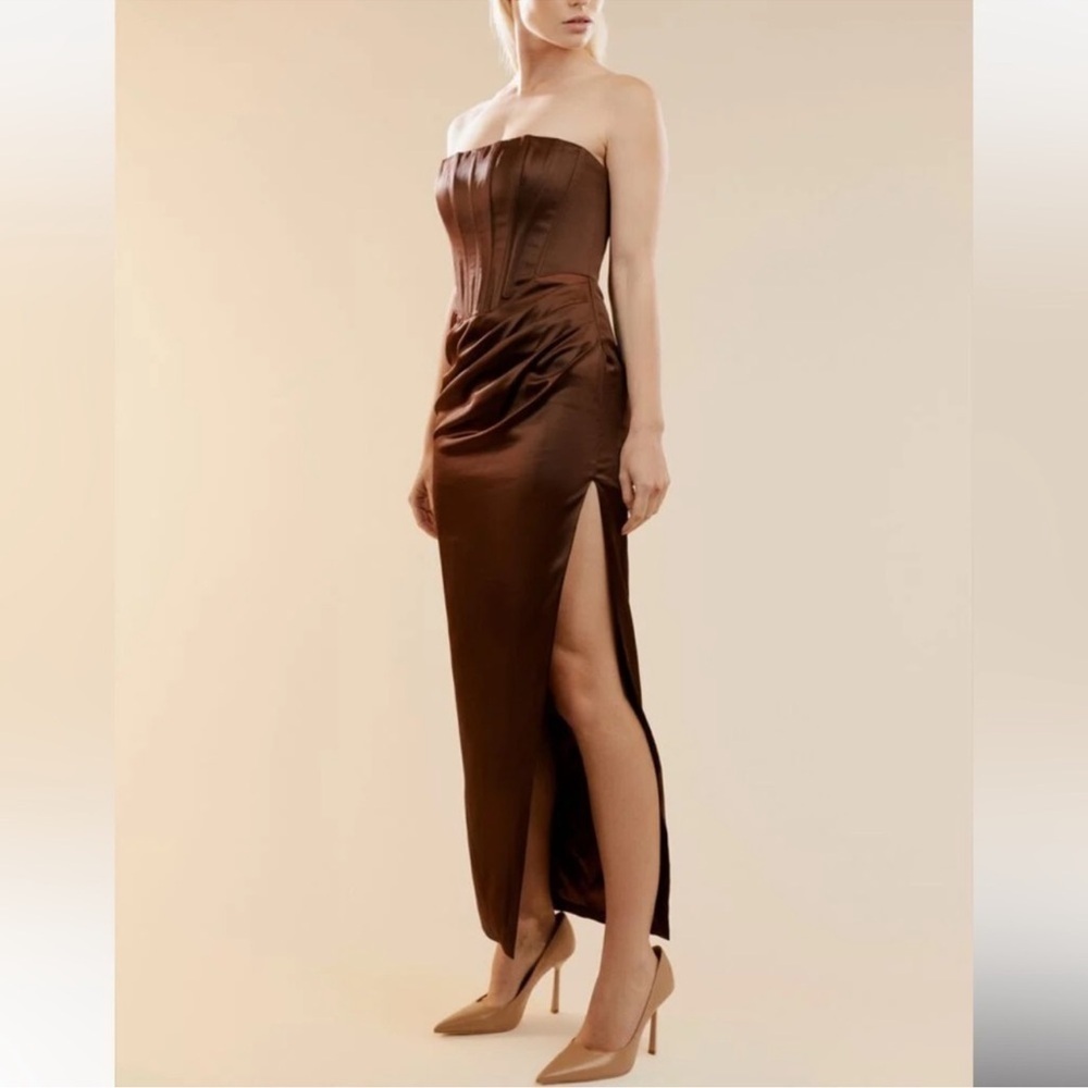 BARDOT Everlasting Satin Midi Dress In Chocolate Size XS